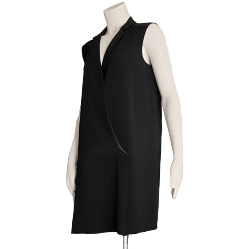 RACHEL ZOE Tuxedo Faux Wrap Shift Dress 8 M Satin Lapel Minimalist Black LBD - Picture 10 of 14